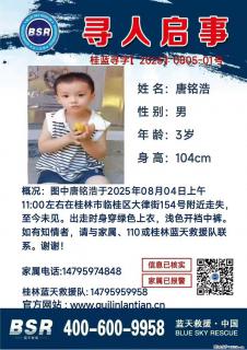 【寻人启事】图中唐铭浩于2025年08月04日上午11:00左右在桂林市临桂区大律街154号附近走失 - 北海28生活网 bh.28life.com
